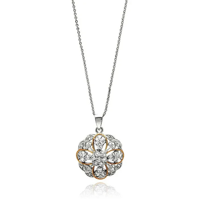 Silver 925 Rhodium Plated Flower and Heart Design CZ Inlay Necklace – BGP00654