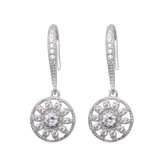 Silver 925 Rhodium Plated Flower CZ Dangling Hook Earrings – BGE00324