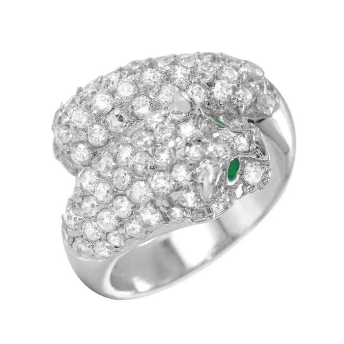 Silver 925 Rhodium Plated Green and Clear Pave Set CZ Jaguar Ring – BGR00006