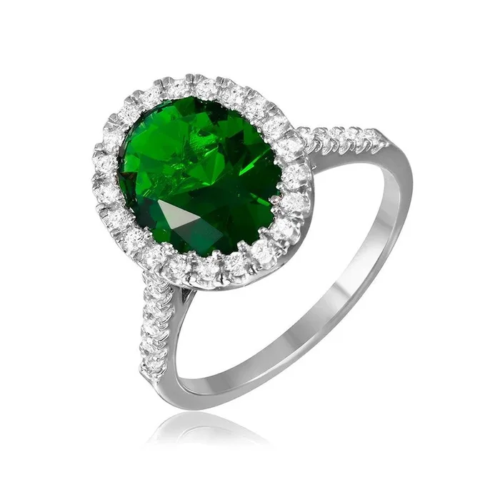 Silver 925 Rhodium Plated Green Oval Halo Ring with CZ Stones – GMR00099G