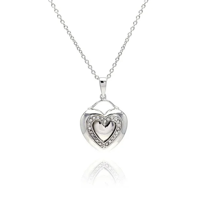 Silver 925 Rhodium Plated Heart Clear CZ Inlay Dangling Necklace – STP00526