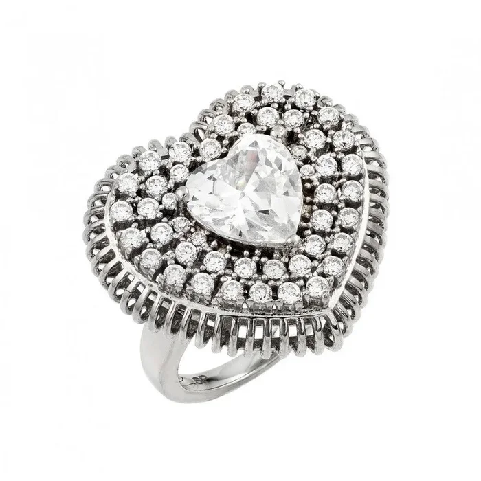 Silver 925 Rhodium Plated Heart Micro Pave Cluster Ring – GMR00015