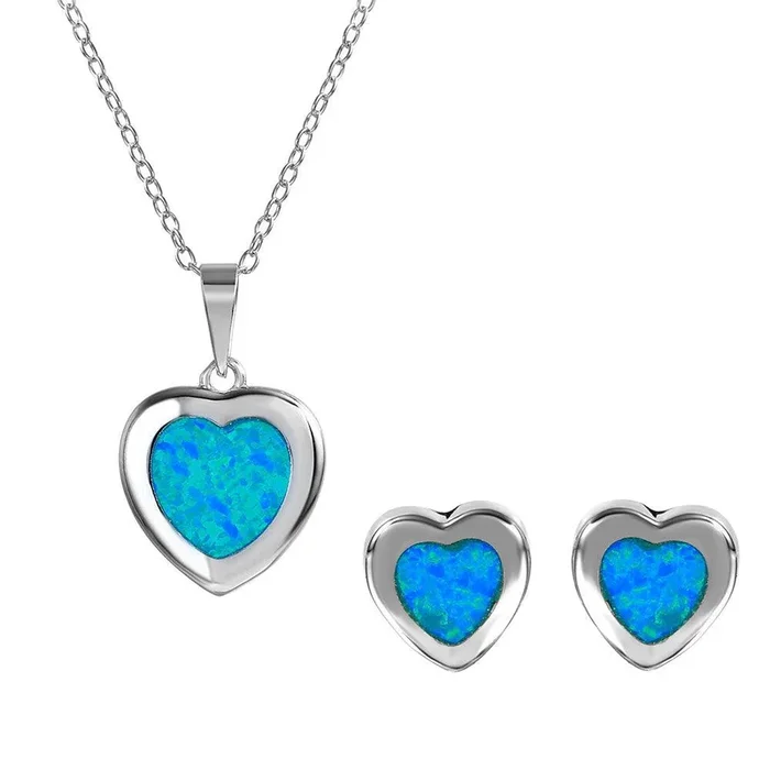 Silver 925 Rhodium Plated Heart Set with Blue Synthetic Opal – BGS00467
