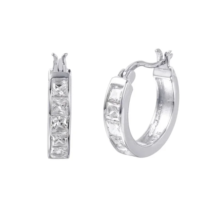 Silver 925 Rhodium Plated Hoop Square CZ Earrings – STE00732
