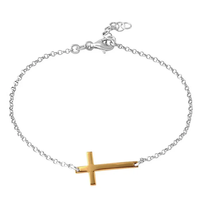Silver 925 Rhodium Plated Italian Rolo Chain with Gold Plated Cross Bracelet – ARB00020RH-GP