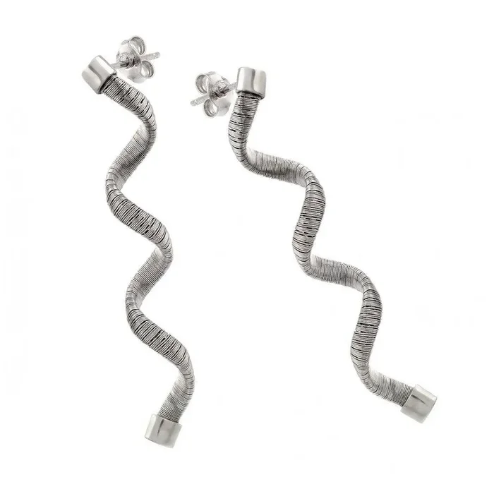 Silver 925 Rhodium Plated Long Spiral Dangling Stud Earrings – ECE002RH