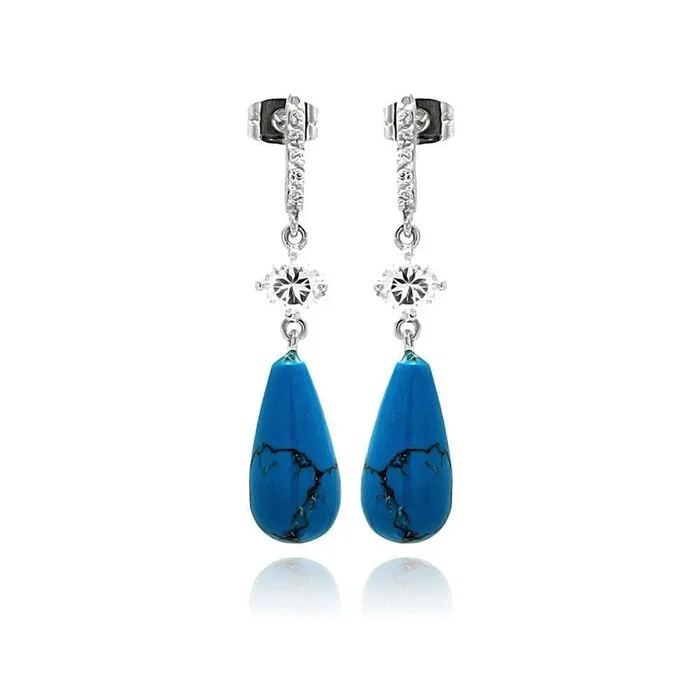 Silver 925 Rhodium Plated Micro Pave CZ Teardrop Turquoise Dangling Stud Earrings – BGE00258
