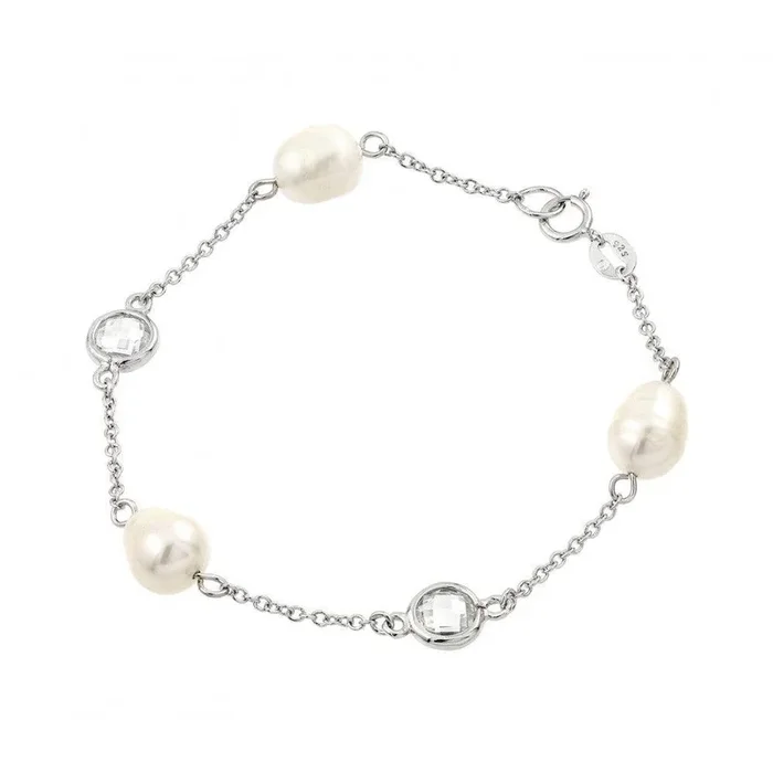 Silver 925 Rhodium Plated Multi Pearl Clear CZ Bracelet – BGB00217