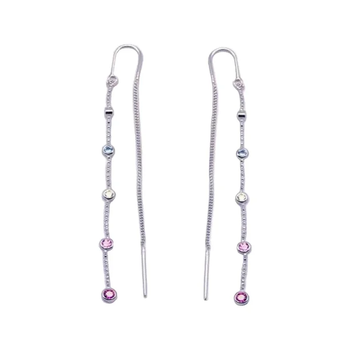 Silver 925 Rhodium Plated Multicolor CZ Single Strand Dangling Threader Earrings – STE00084