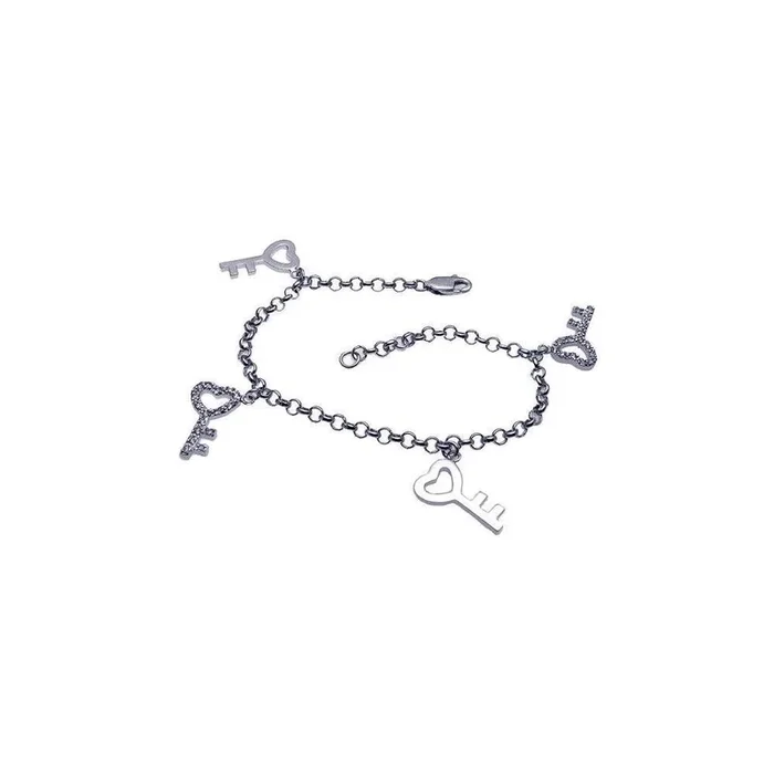 Silver 925 Rhodium Plated Multiple Dangling Open Heart Key CZ Bracelet – BGB00043