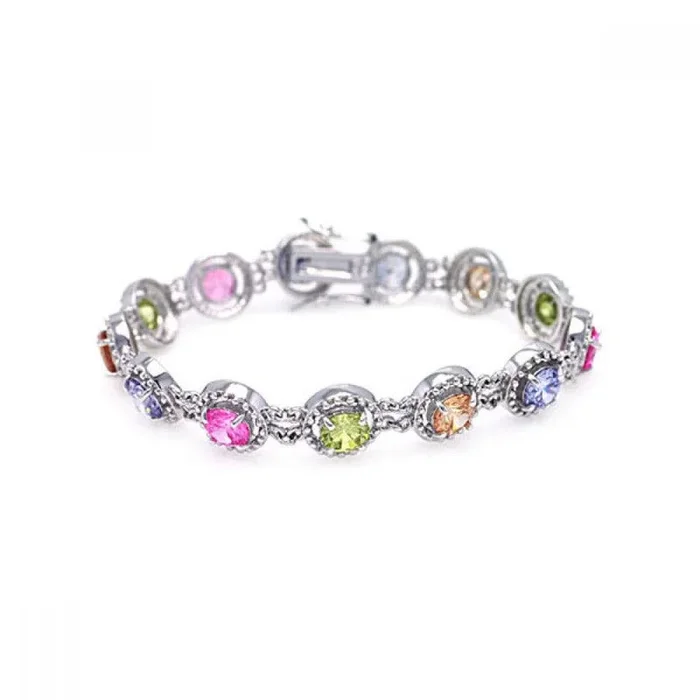 Silver 925 Rhodium Plated Multiple Multicolor Round CZ Bracelet – BGB00008