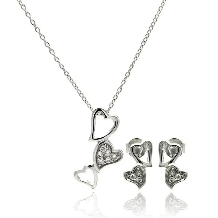 Silver 925 Rhodium Plated Multiple Open Heart CZ Dangling Stud Earring and Necklace Set – STS00418
