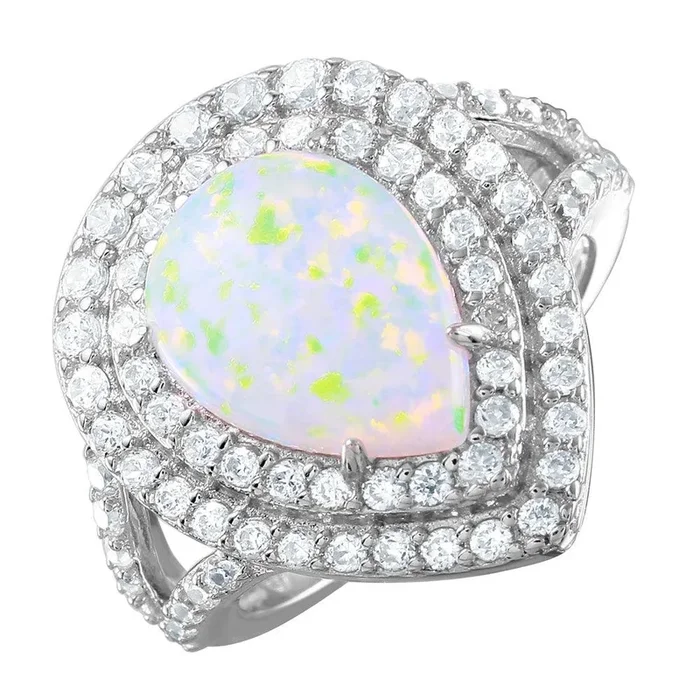Silver 925 Rhodium Plated Opal Teardrop Halo CZ Ring – BGR00995