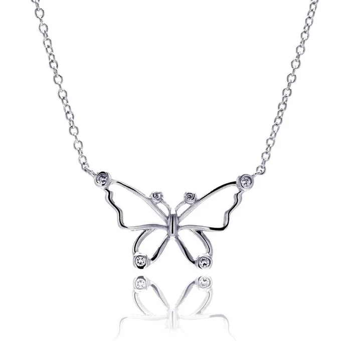 Silver 925 Rhodium Plated Open Butterfly Outline Clear CZ Pendant Necklace – BGN00042