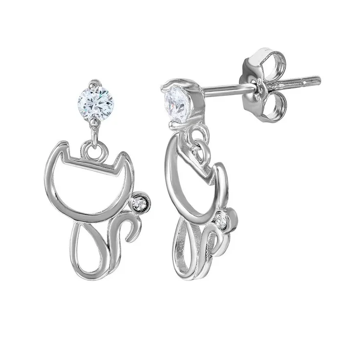 Silver 925 Rhodium Plated Open Cat Earring with CZ Stones – BGE00470
