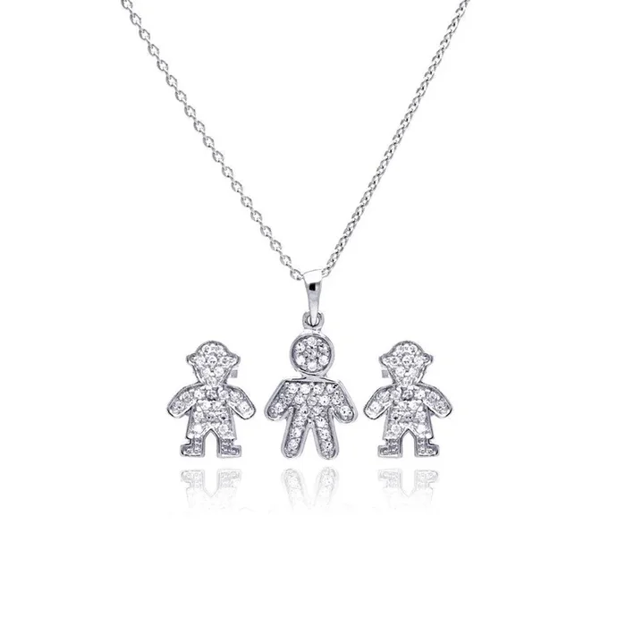 Silver 925 Rhodium Plated Open Filigree CZ Boy Stud Earring and Necklace Set – STS00363
