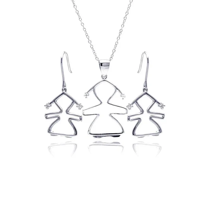 Silver 925 Rhodium Plated Open Girl CZ Dangling Hook Earring and Necklace Set – STS00362