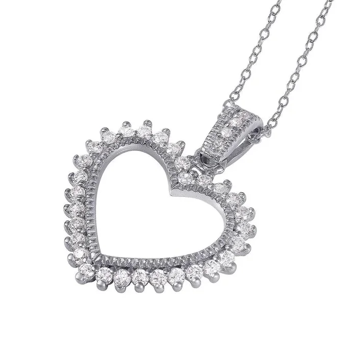Silver 925 Rhodium Plated Open Heart CZ Necklace – STP01458