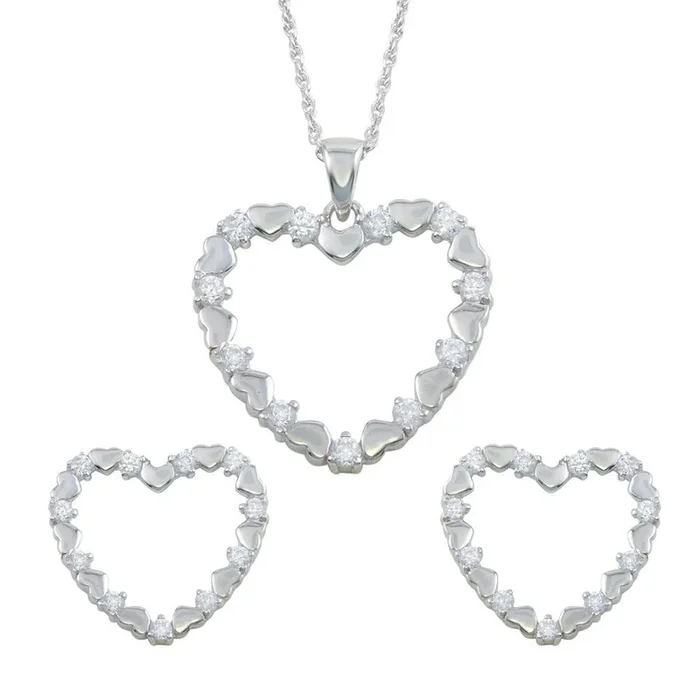 Silver 925 Rhodium Plated Open Heart CZ Stud Earring and Necklace Set – STS00127