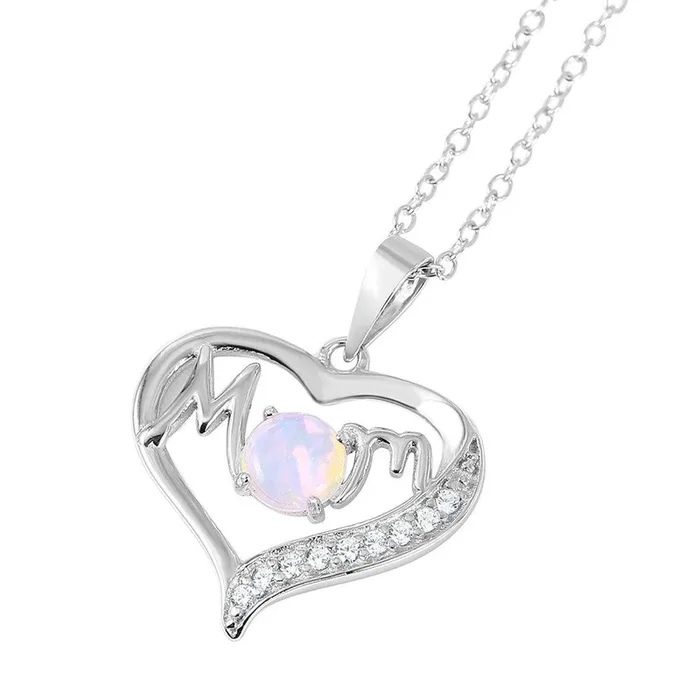 Silver 925 Rhodium Plated Open Heart Mom Opal and CZ Necklace – BGP01054