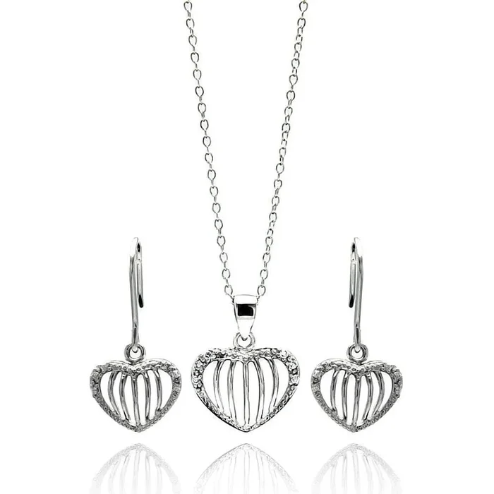 Silver 925 Rhodium Plated Open Heart Stripe CZ Stud Earring and Necklace Set – STS00434