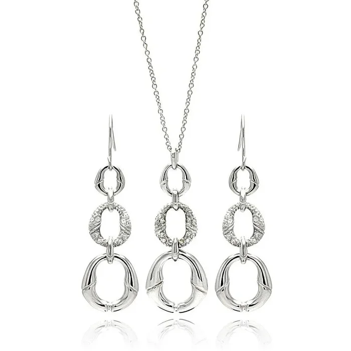 Silver 925 Rhodium Plated Open Oval CZ Dangling Earring and Necklace Set – STS00090