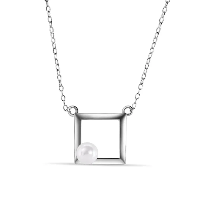 Silver 925 Rhodium Plated Open Square Fresh Water Pearl Necklace – STP01491