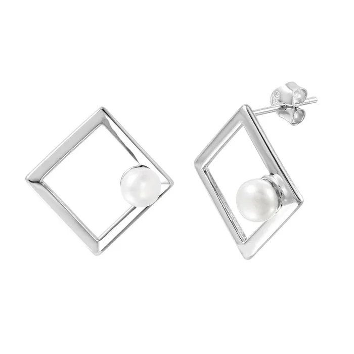 Silver 925 Rhodium Plated Open Square Fresh Water Pearl Stud Earrings – STE01001