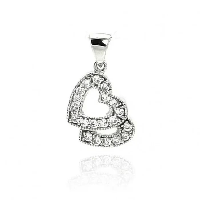 Silver 925 Rhodium Plated Open Two Heart CZ Dangling Pendant – ACP00009