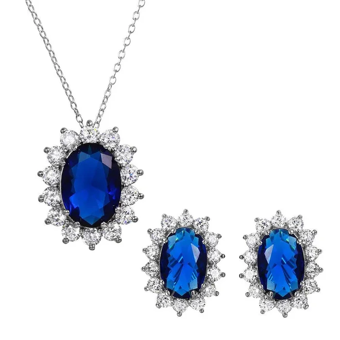 Silver 925 Rhodium Plated Oval Halo Set with Blue and Clear CZ Stones – BGS00174