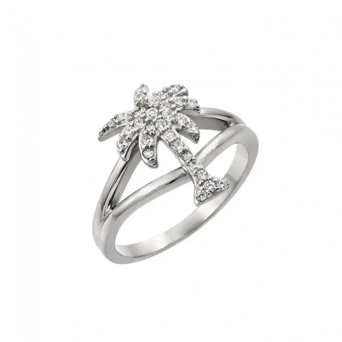 Silver 925 Rhodium Plated Pave Set Clear CZ Palm Tree Ring – STR00999