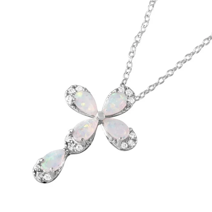 Silver 925 Rhodium Plated Pear Opal Clear CZ Cross Pendant Necklace – BGP01052