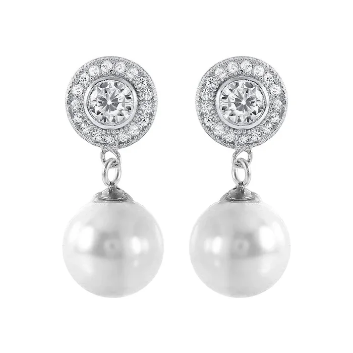 Silver 925 Rhodium Plated Pearl CZ Cluster Earrings – STE00988