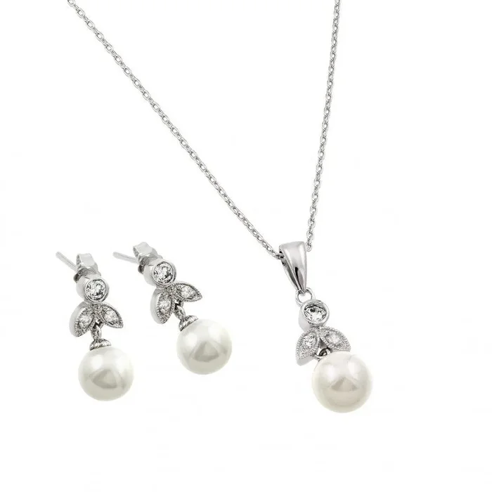 Silver 925 Rhodium Plated Pearl Flower Set – BGS00452