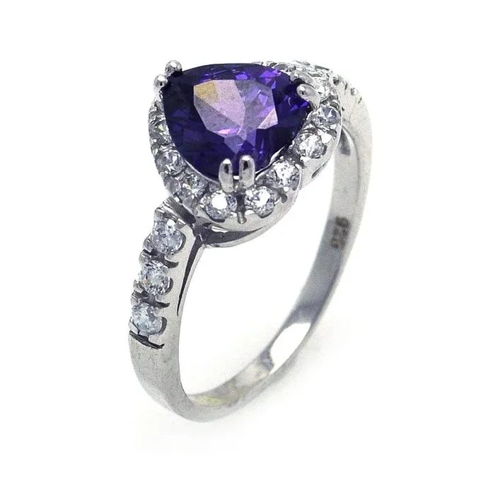 Silver 925 Rhodium Plated Purple and Clear Cluster CZ Heart Ring – STR00698PUR