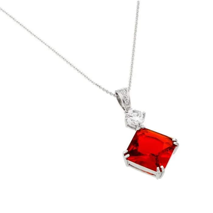 Silver 925 Rhodium Plated Red CZ Square Pendant – BGP00725
