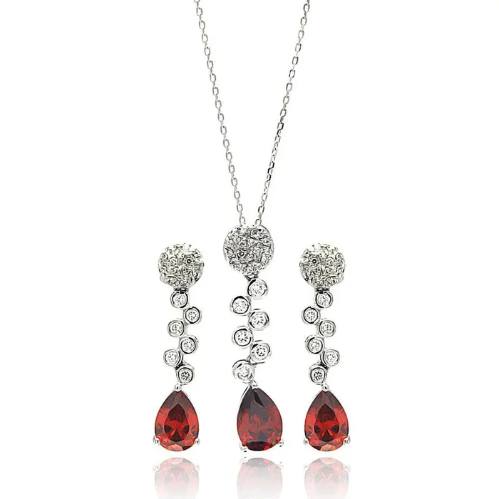 Silver 925 Rhodium Plated Red Teardrop Clear Round CZ Hanging Stud Earring and Hanging Necklace Set – BGS00295