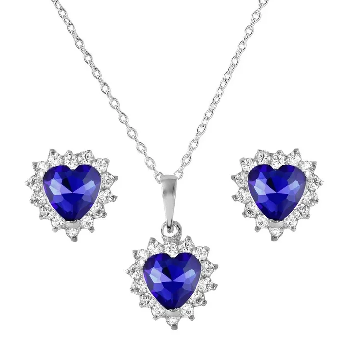 Silver 925 Rhodium Plated Round and Heart Shaped Clear and Blue CZ Dangling Stud Earrings and Necklace Set – BGS00323