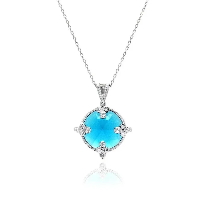 Silver 925 Rhodium Plated Round Blue CZ Necklace – BGP00449