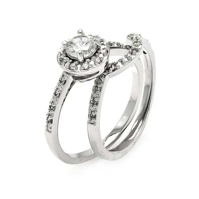 Silver 925 Rhodium Plated Round Center Clear CZ Bridal Ring Set – BGR00454
