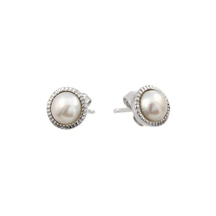 Silver 925 Rhodium Plated Round CZ Inlay Center Fresh Water Pearl Stud Earrings – BGE00404