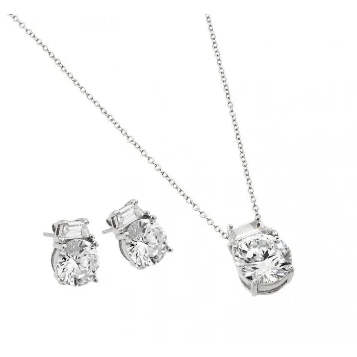Silver 925 Rhodium Plated Round CZ Stud Earring and Necklace Set – STS00256