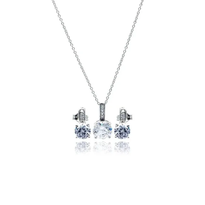 Silver 925 Rhodium Plated Round CZ Stud Earring and Necklace Set – STS00351