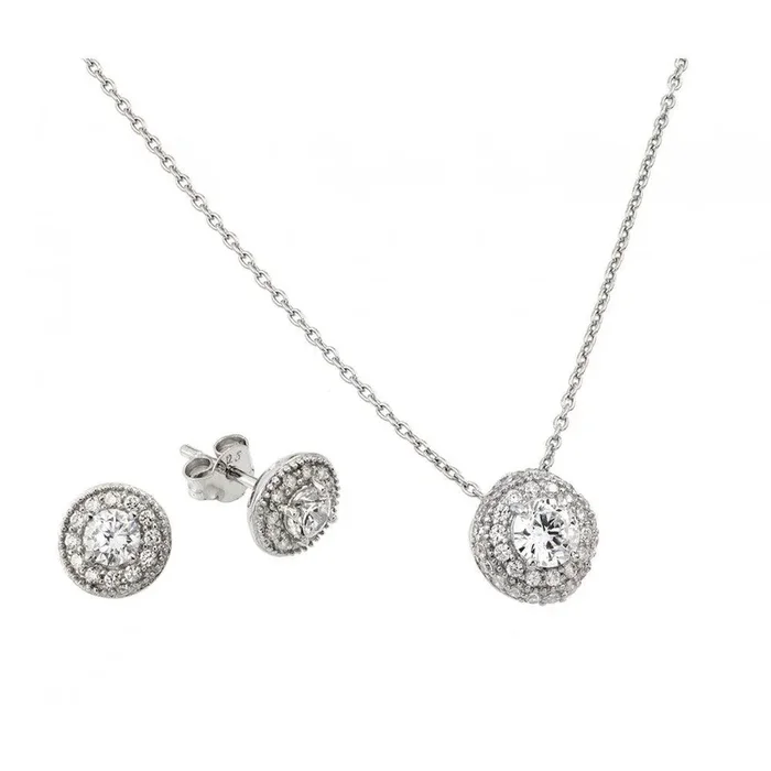 Silver 925 Rhodium Plated Round CZ Stud Earring and Necklace Set – STS00484