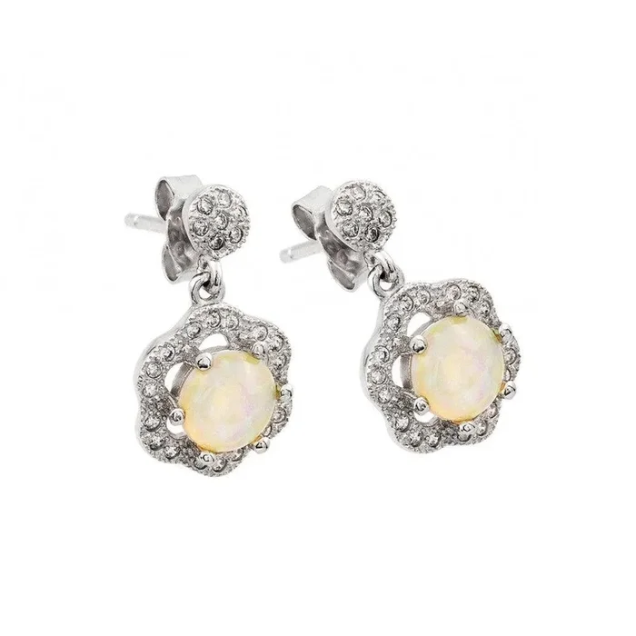 Silver 925 Rhodium Plated Round Flower CZ Pearl Dangling Stud Earrings – STE00942