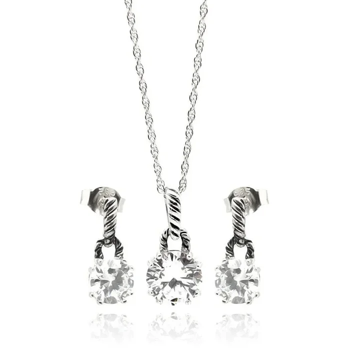 Silver 925 Rhodium Plated Round Hand Cut Pineapple Cut CZ Dangling Matching Set – STS00262