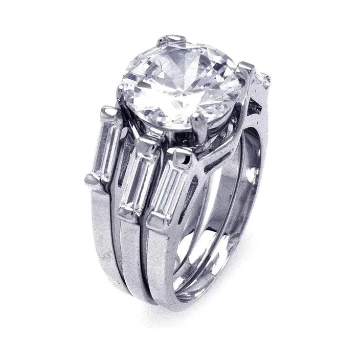 Silver 925 Rhodium Plated Single Round Center CZ 3 Row Bridal Ring – BGR00235