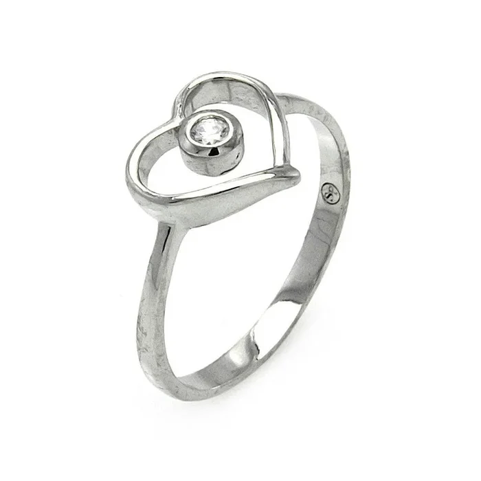 Silver 925 Rhodium Plated Small Round CZ Open Heart Ring – STR00901