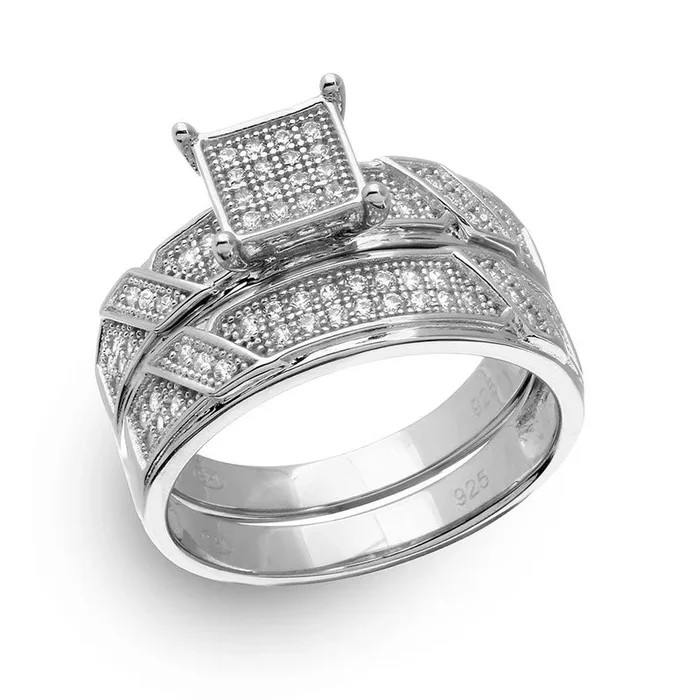 Silver 925 Rhodium Plated Square Pave Center Trio Bridal Ring – GMR00150