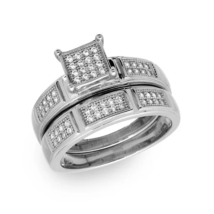 Silver 925 Rhodium Plated Square Pave Center Trio Bridal Ring – GMR00174